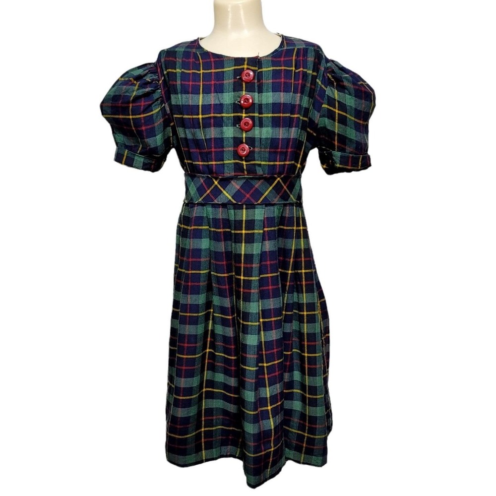 Vintage 60s Kate Greenaway Grammarrette Plaid Dress 6/7 Puff Sleeve Tartan